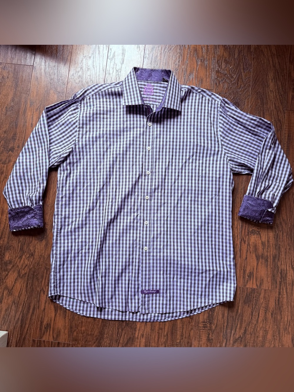 English Laundry Men's Dress Shirt 17.5 34/35 Slim Purple White Check Cotton